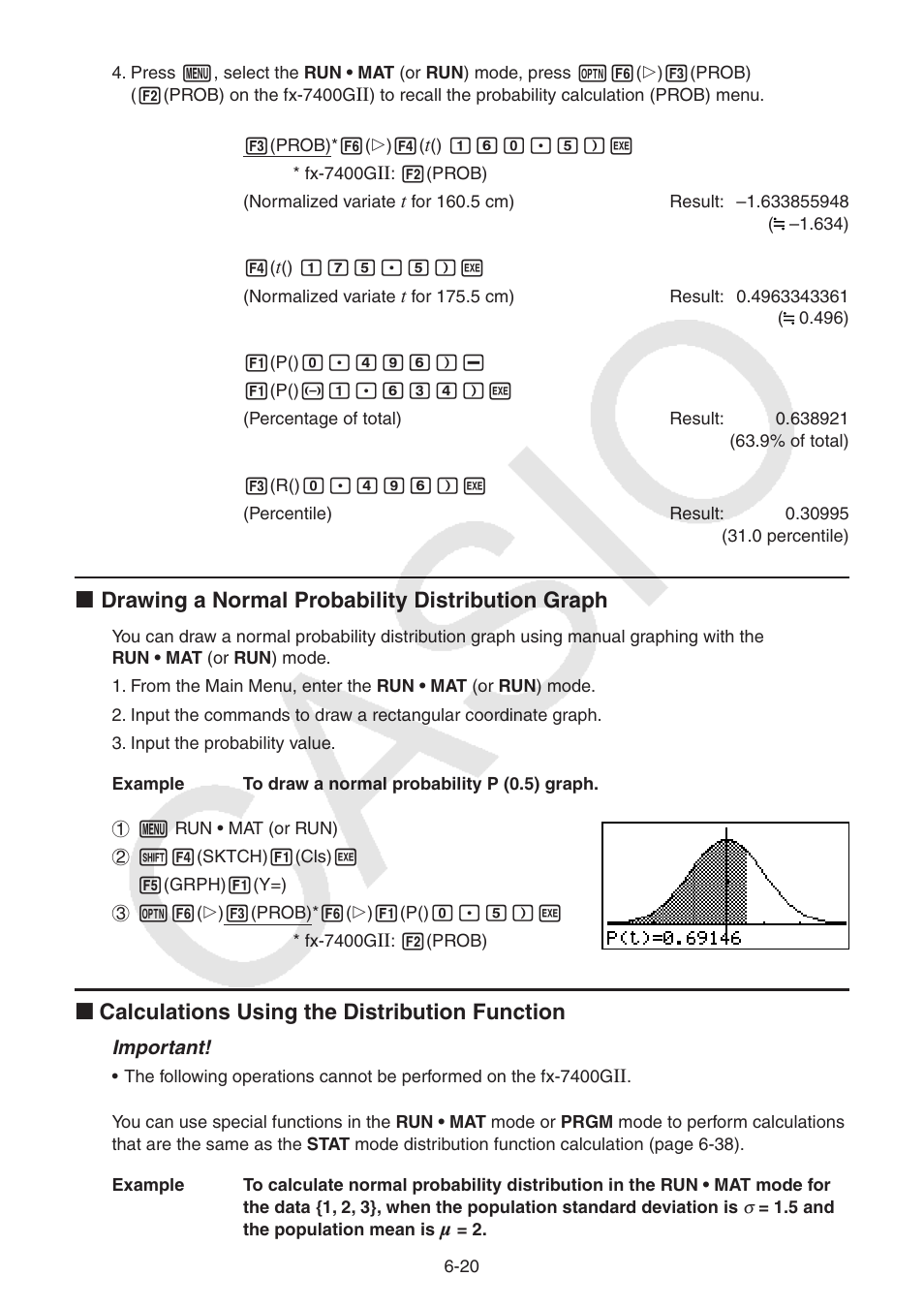 I drawing a normal probability distribution graph, I calculations using the distribution function | Casio FX-9750GII User Manual | Page 160 / 402