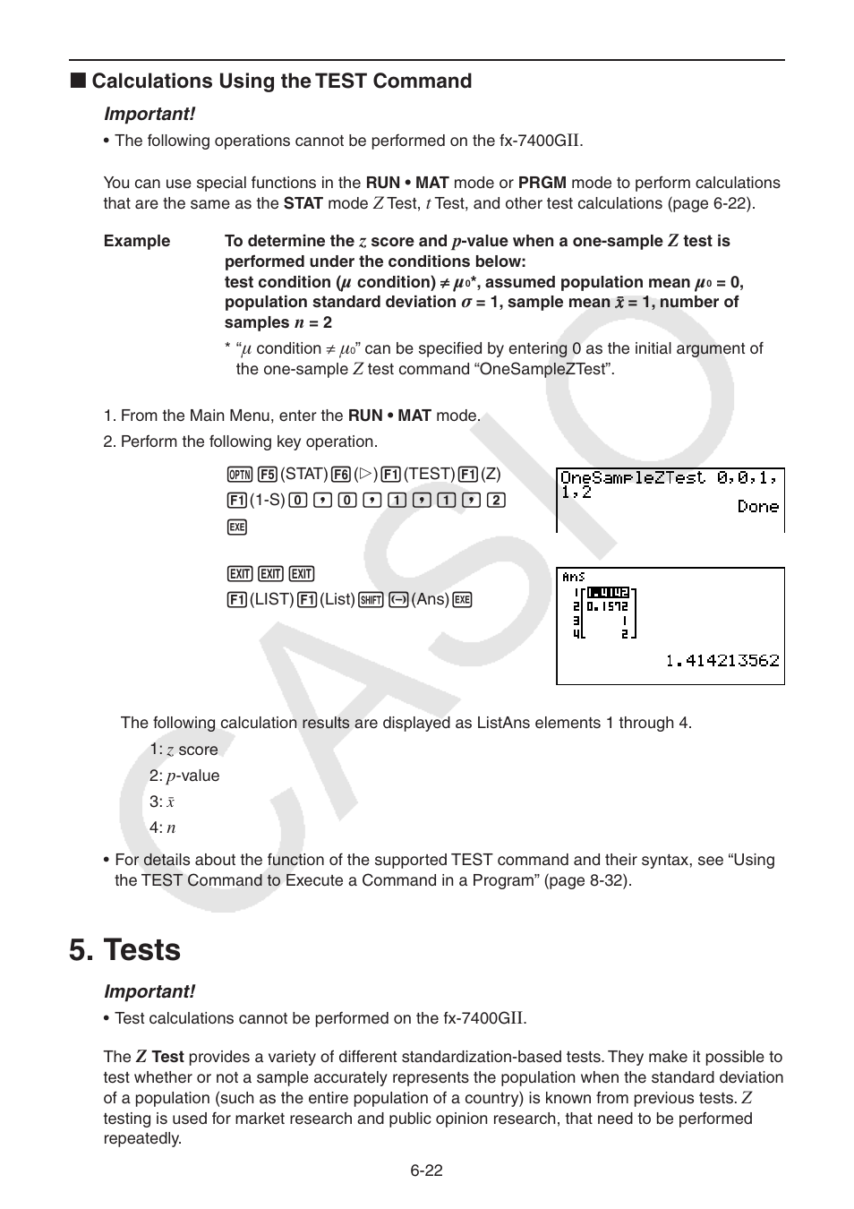 Tests, I calculations using the test command | Casio FX-9750GII User Manual | Page 162 / 402