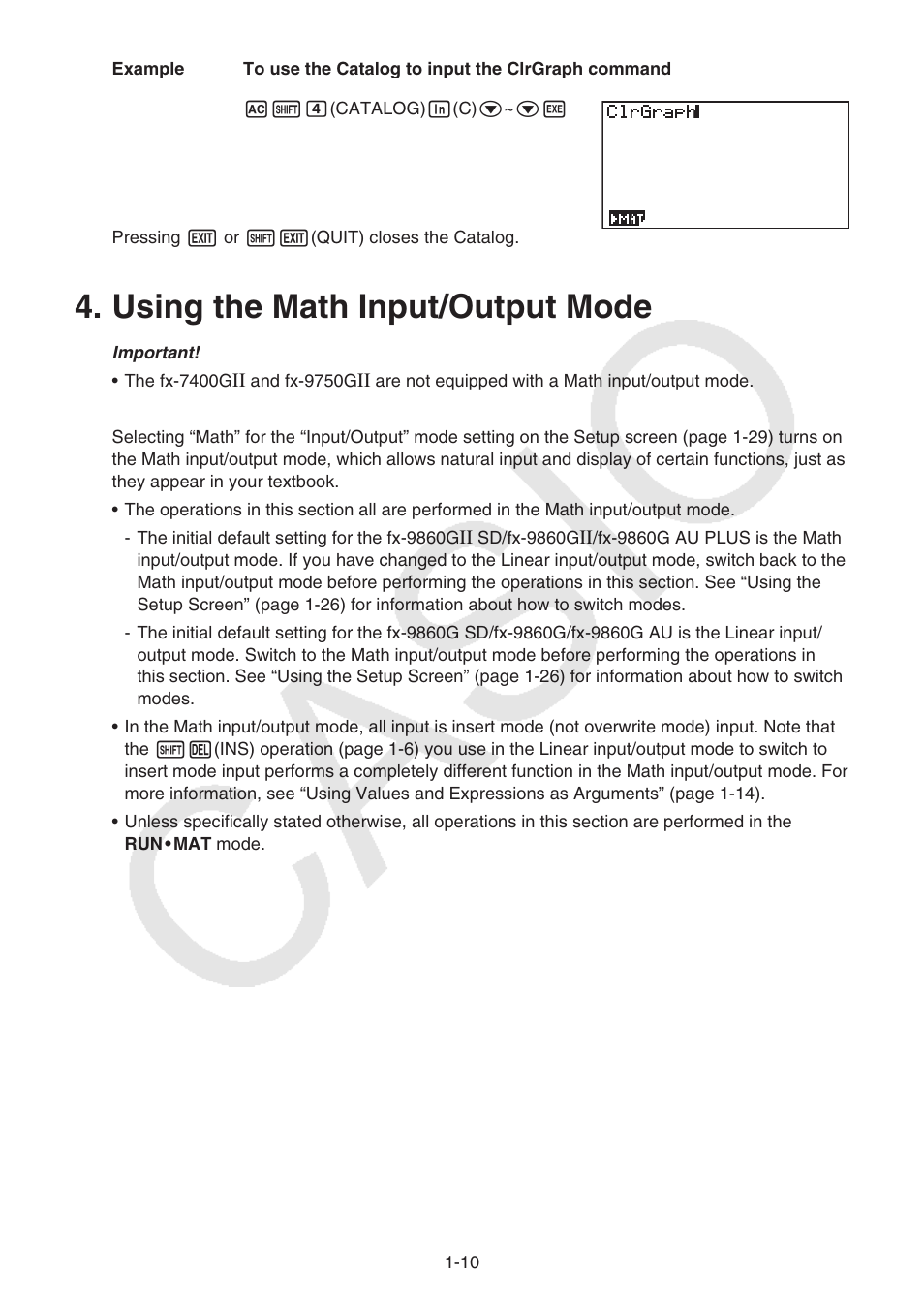 Using the math input/output mode, Using the math input/output mode -10 | Casio FX-9750GII User Manual | Page 17 / 402