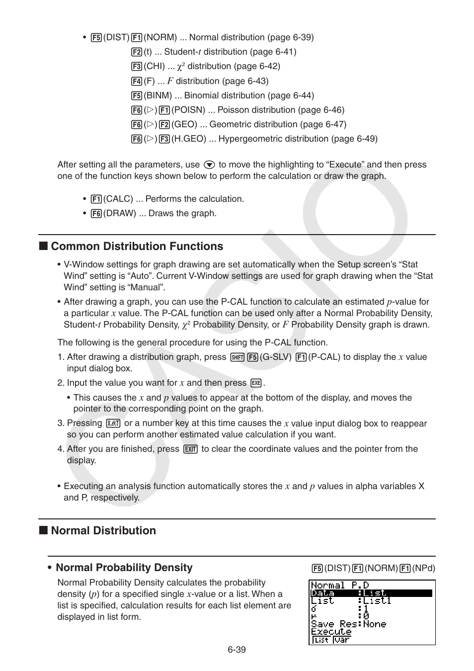 I common distribution functions, I normal distribution | Casio FX-9750GII User Manual | Page 179 / 402