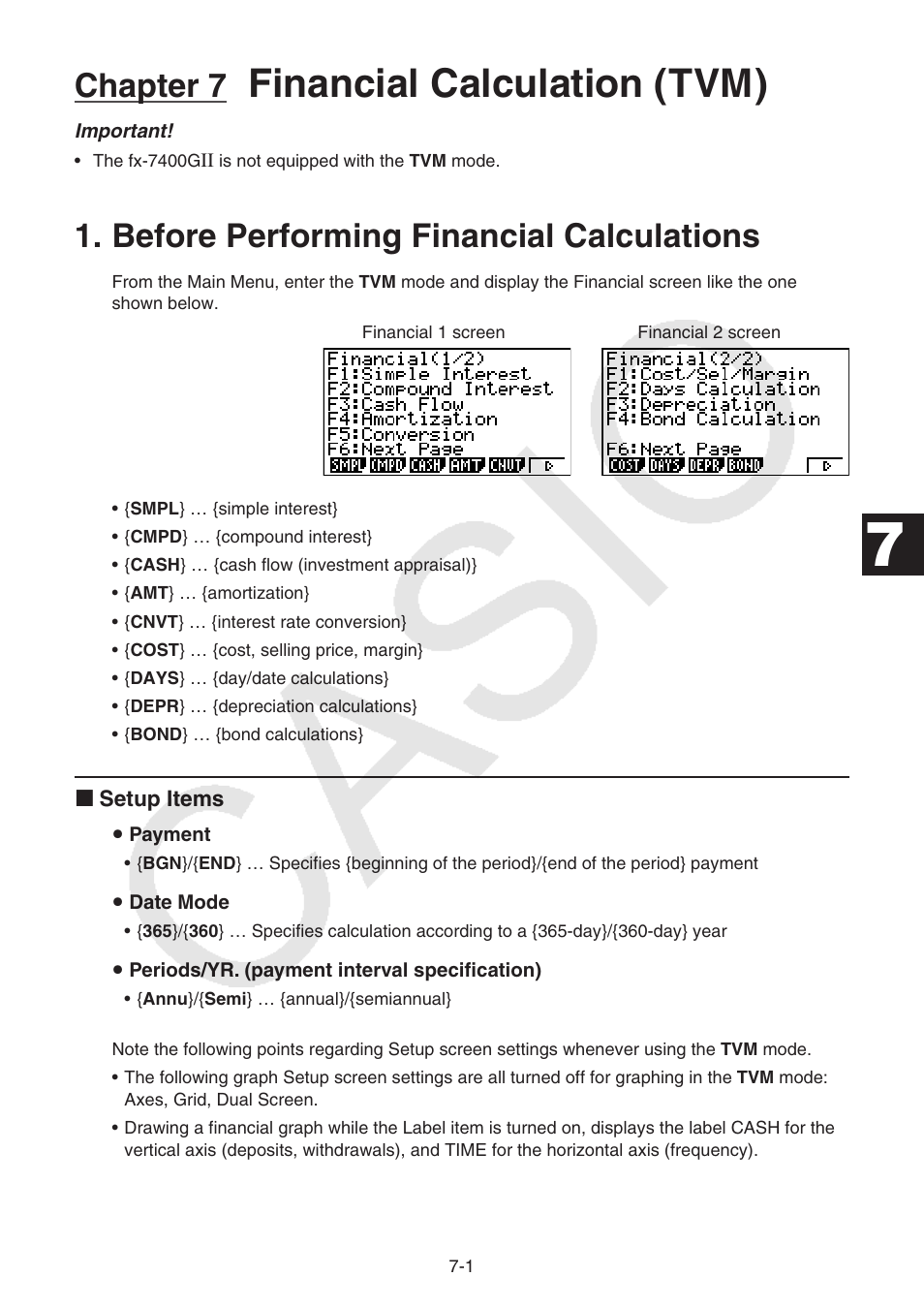 Chapter 7 financial calculation (tvm), Before performing financial calculations, Before performing financial calculations -1 | Financial calculation (tvm), Chapter 7 | Casio FX-9750GII User Manual | Page 196 / 402