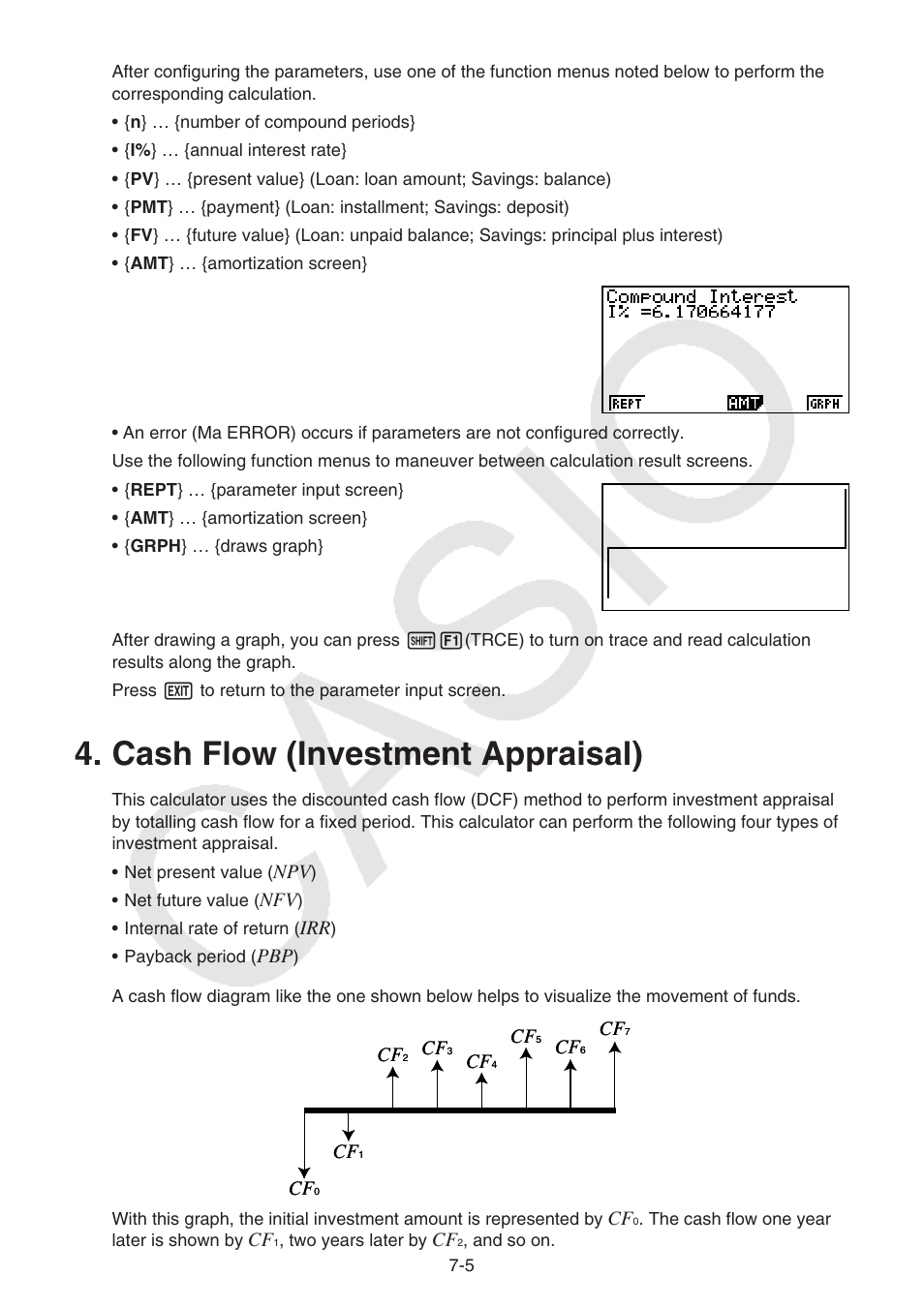 Cash flow (investment appraisal), Cash flow (investment appraisal) -5 | Casio FX-9750GII User Manual | Page 200 / 402