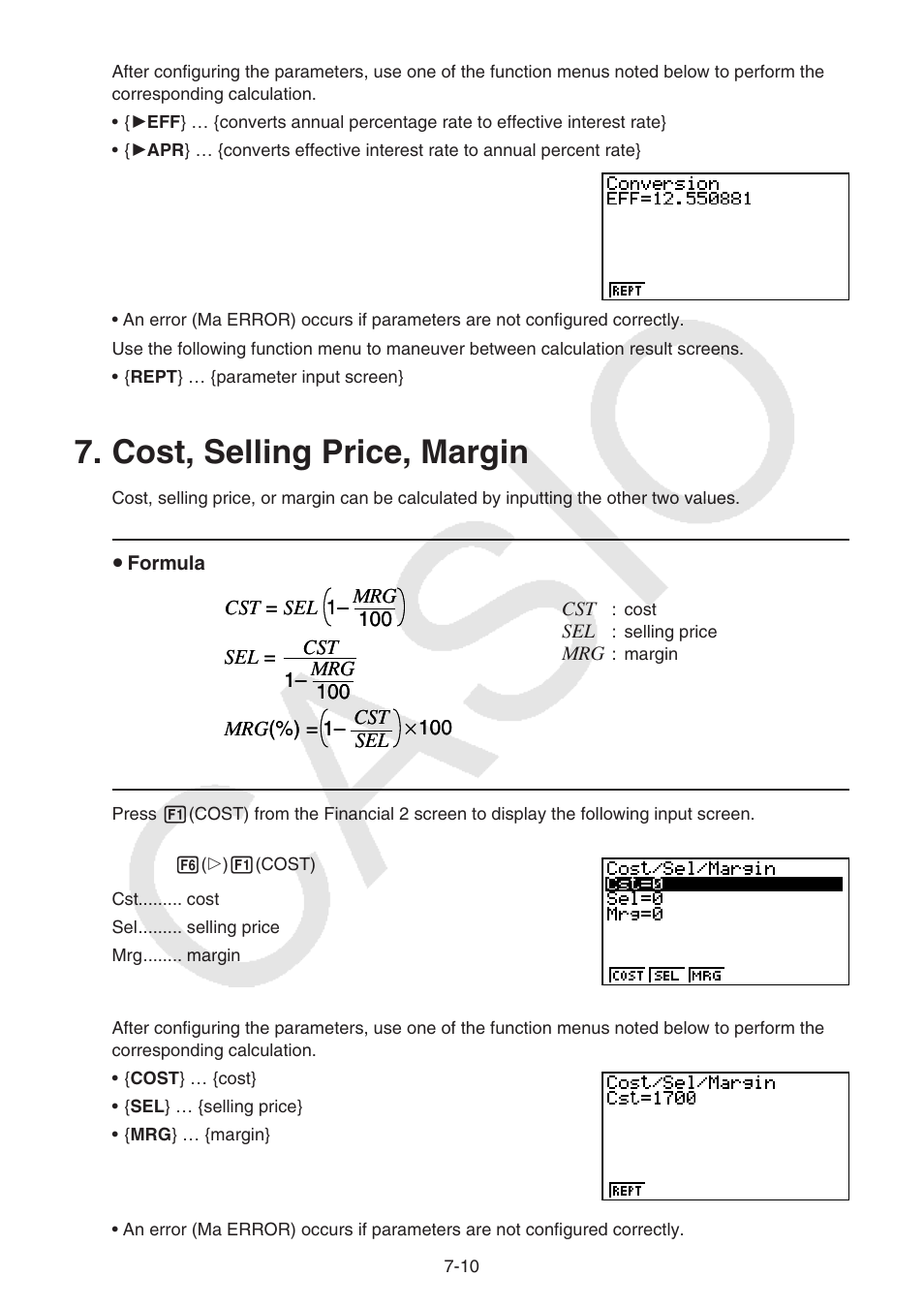 Cost, selling price, margin, Cost, selling price, margin -10 | Casio FX-9750GII User Manual | Page 205 / 402