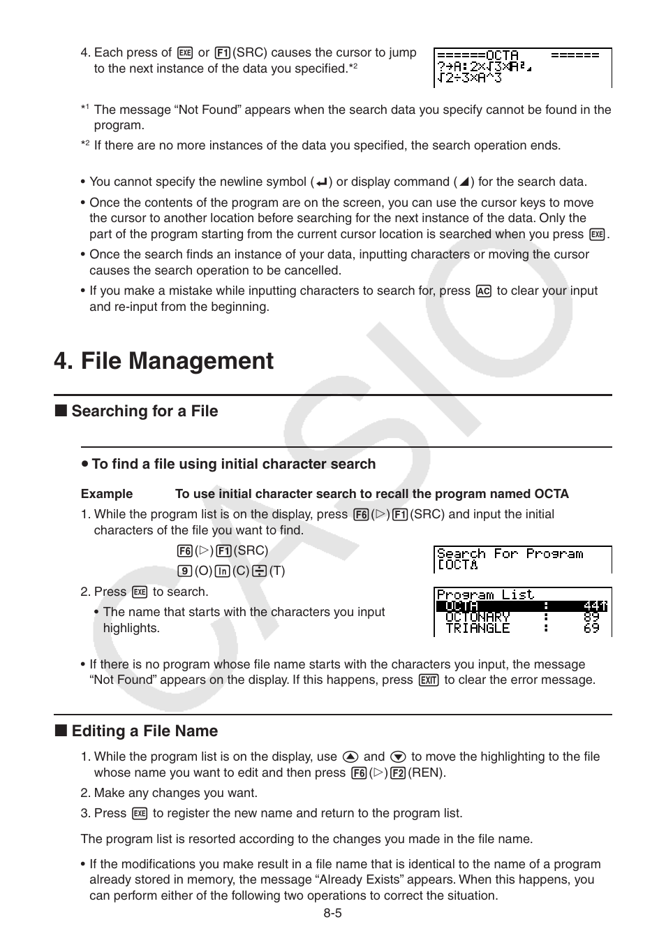 File management, File, Management | I searching for a file, I editing a file name | Casio FX-9750GII User Manual | Page 216 / 402