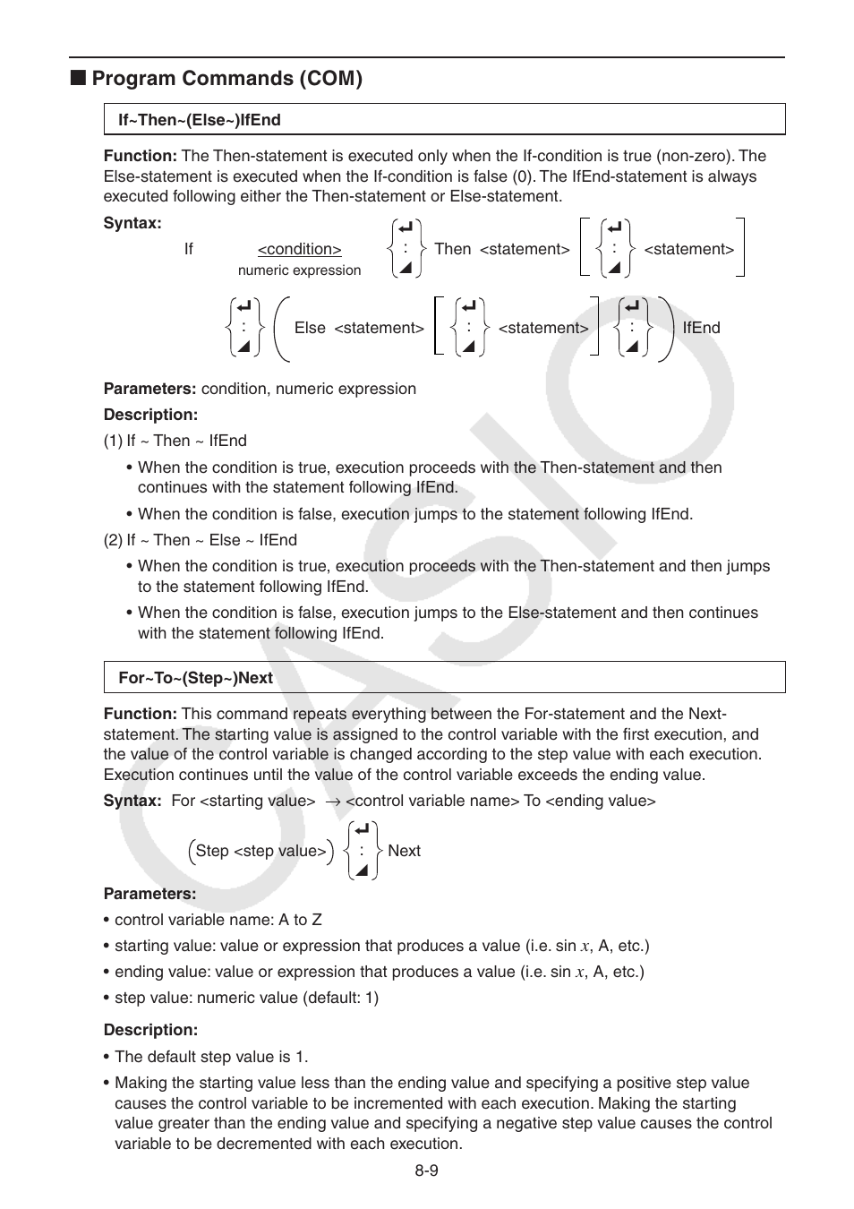 I program commands (com) | Casio FX-9750GII User Manual | Page 220 / 402