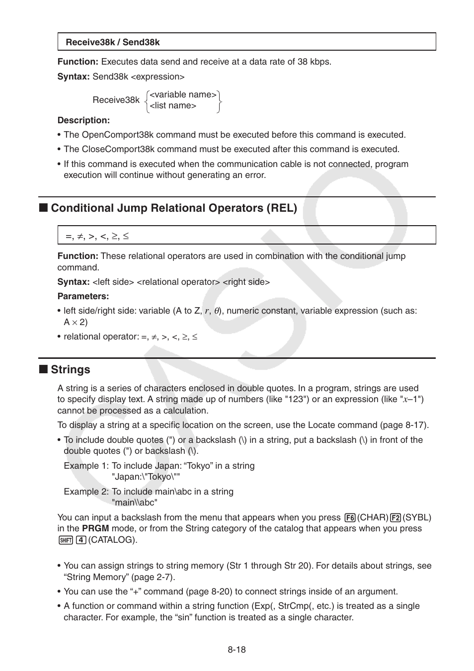 I conditional jump relational operators (rel), I strings | Casio FX-9750GII User Manual | Page 229 / 402