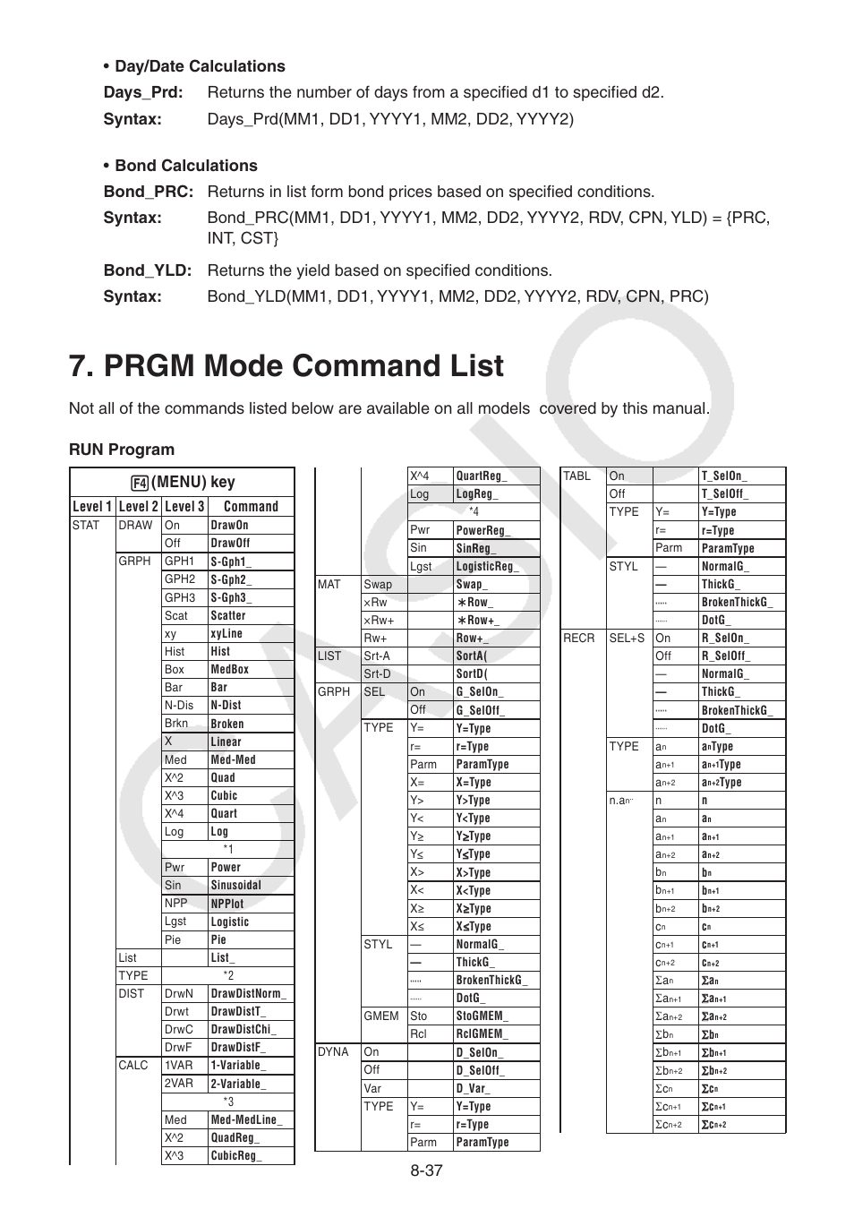 Prgm mode command list, Prgm mode command list -37 | Casio FX-9750GII User Manual | Page 248 / 402