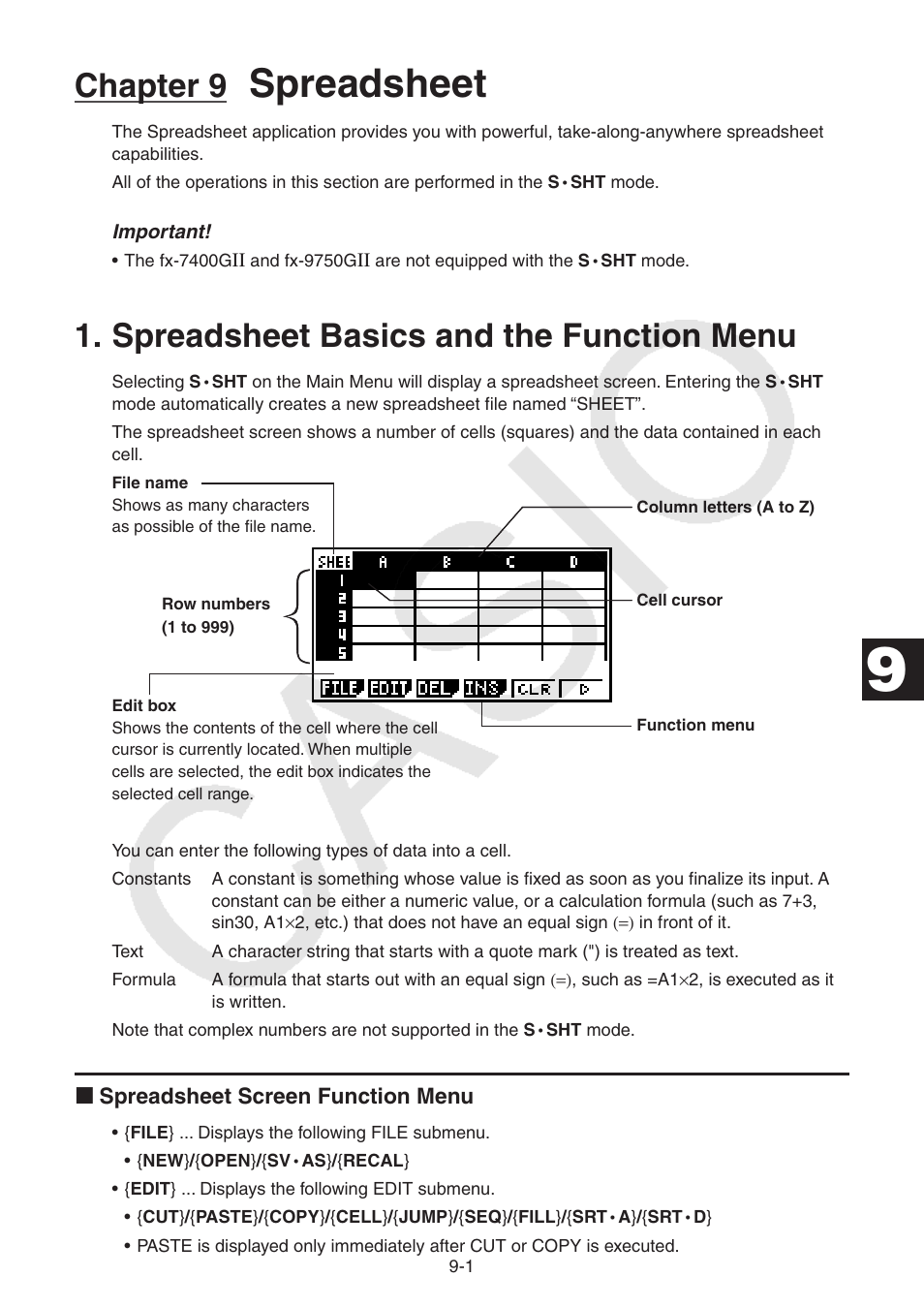 Chapter 9 spreadsheet, Spreadsheet basics and the function menu, Spreadsheet basics and the function menu -1 | Spreadsheet, Chapter 9 | Casio FX-9750GII User Manual | Page 255 / 402