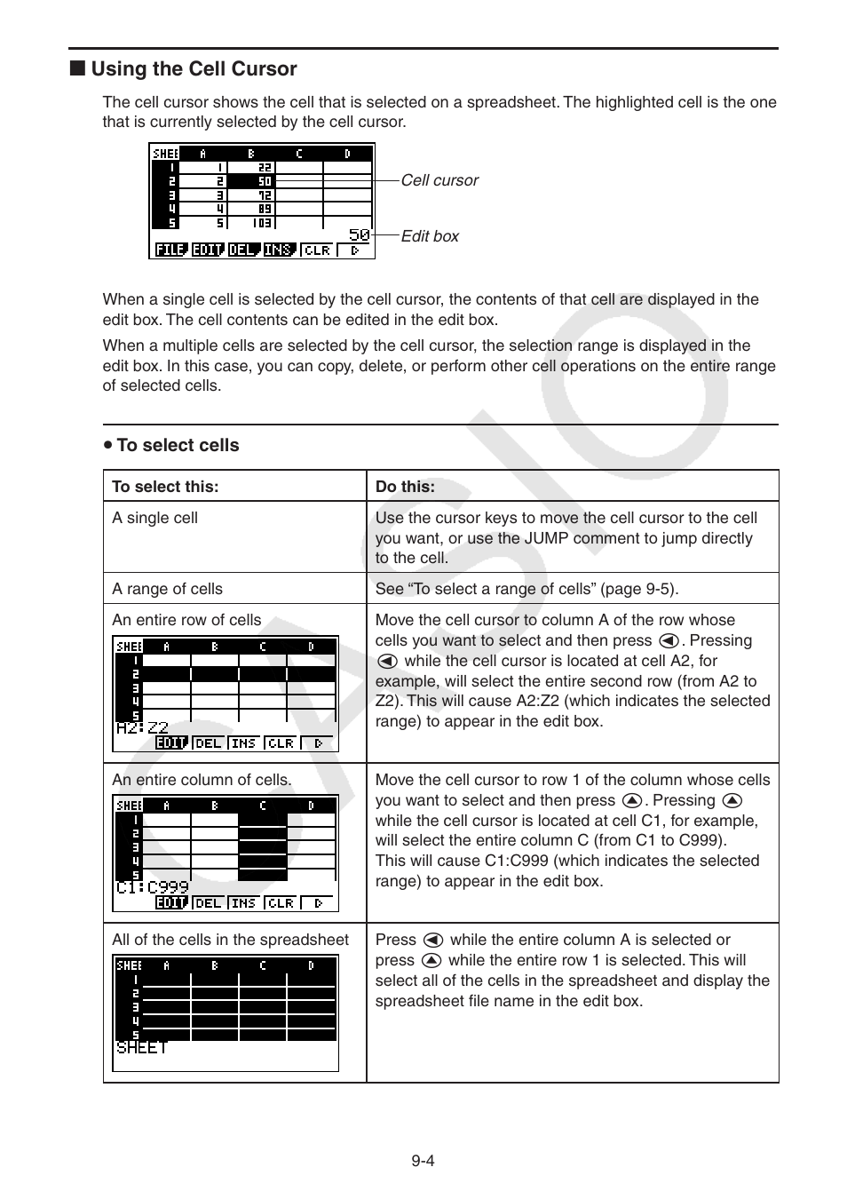 I using the cell cursor | Casio FX-9750GII User Manual | Page 258 / 402