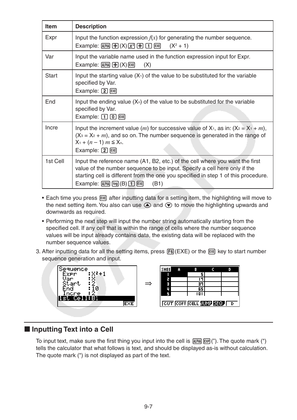 I inputting text into a cell | Casio FX-9750GII User Manual | Page 261 / 402