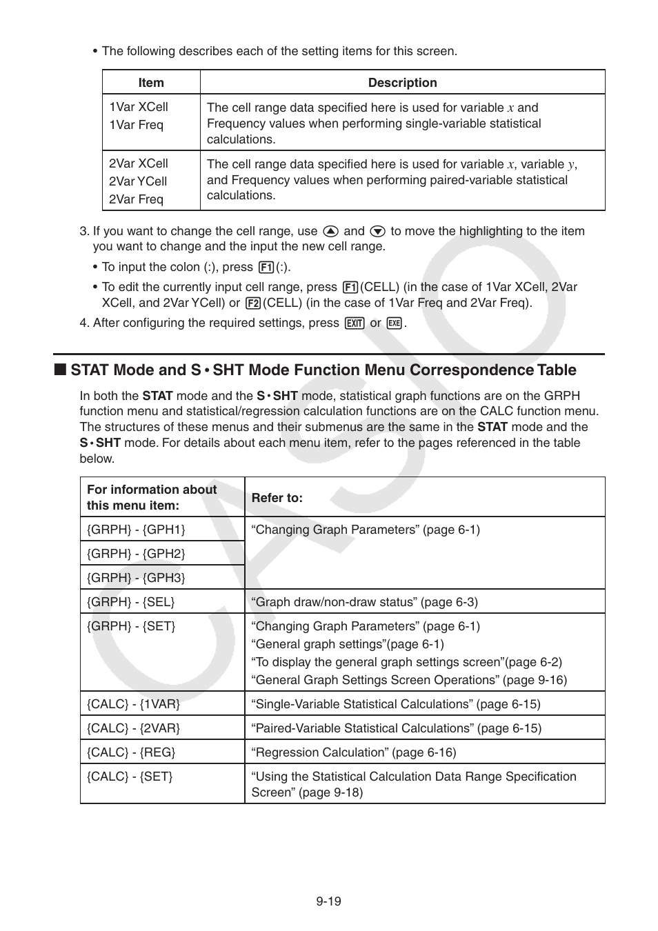 I stat mode and s, Sht mode function menu correspondence table | Casio FX-9750GII User Manual | Page 273 / 402