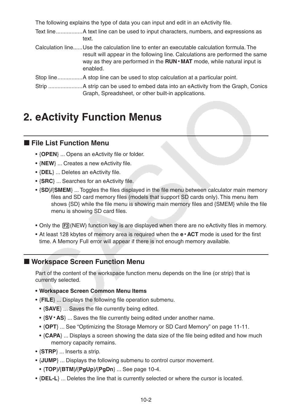 Eactivity function menus, Eactivity, Function | Menus, I file list function menu, I workspace screen function menu | Casio FX-9750GII User Manual | Page 277 / 402