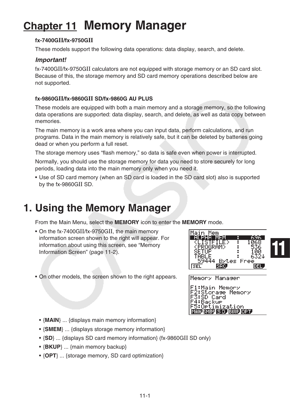 Chapter 11 memory manager, Using the memory manager, Using the memory manager -1 | Chapter 11 | Casio FX-9750GII User Manual | Page 289 / 402