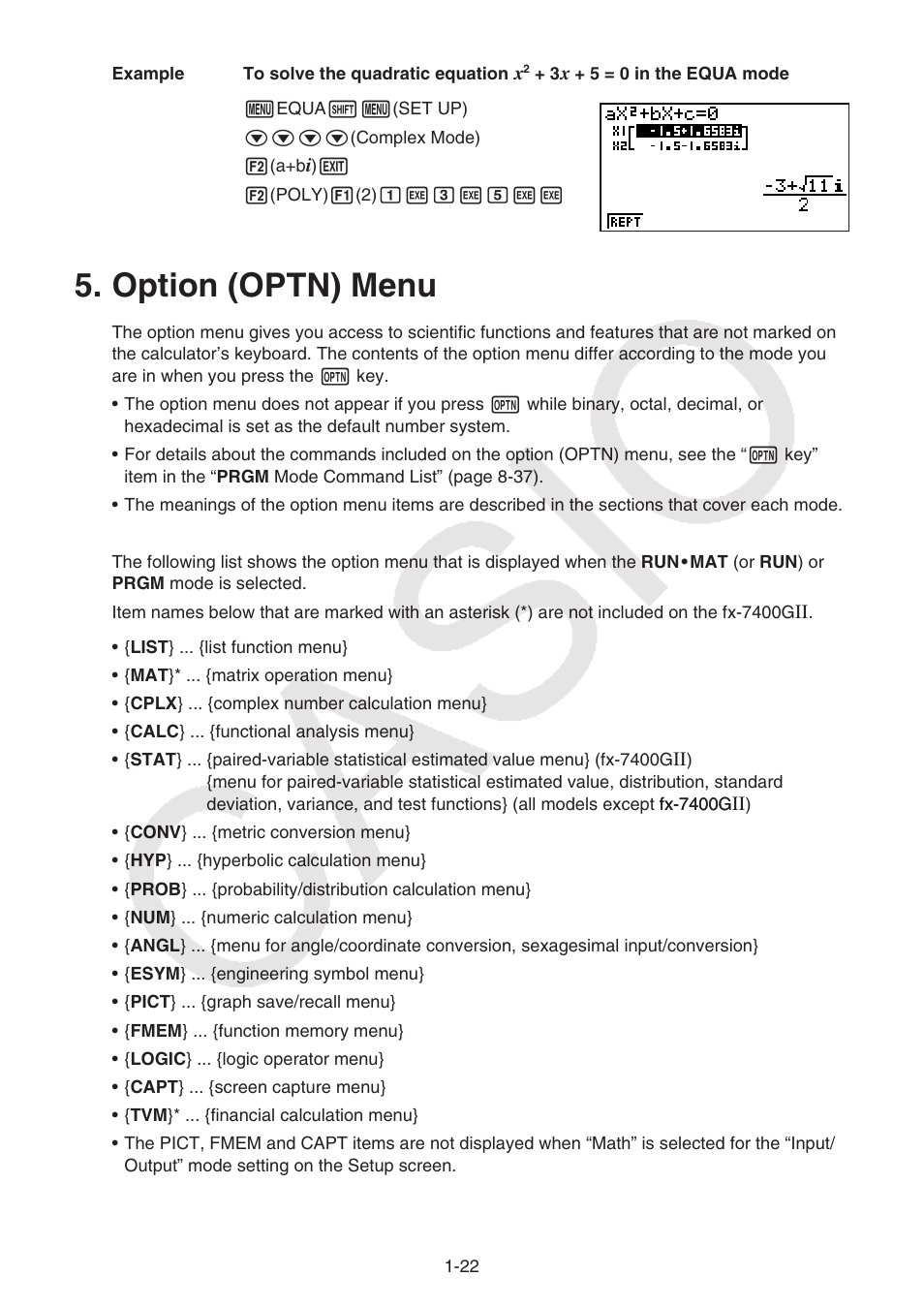 Option (optn) menu, Option (optn) menu -22 | Casio FX-9750GII User Manual | Page 29 / 402