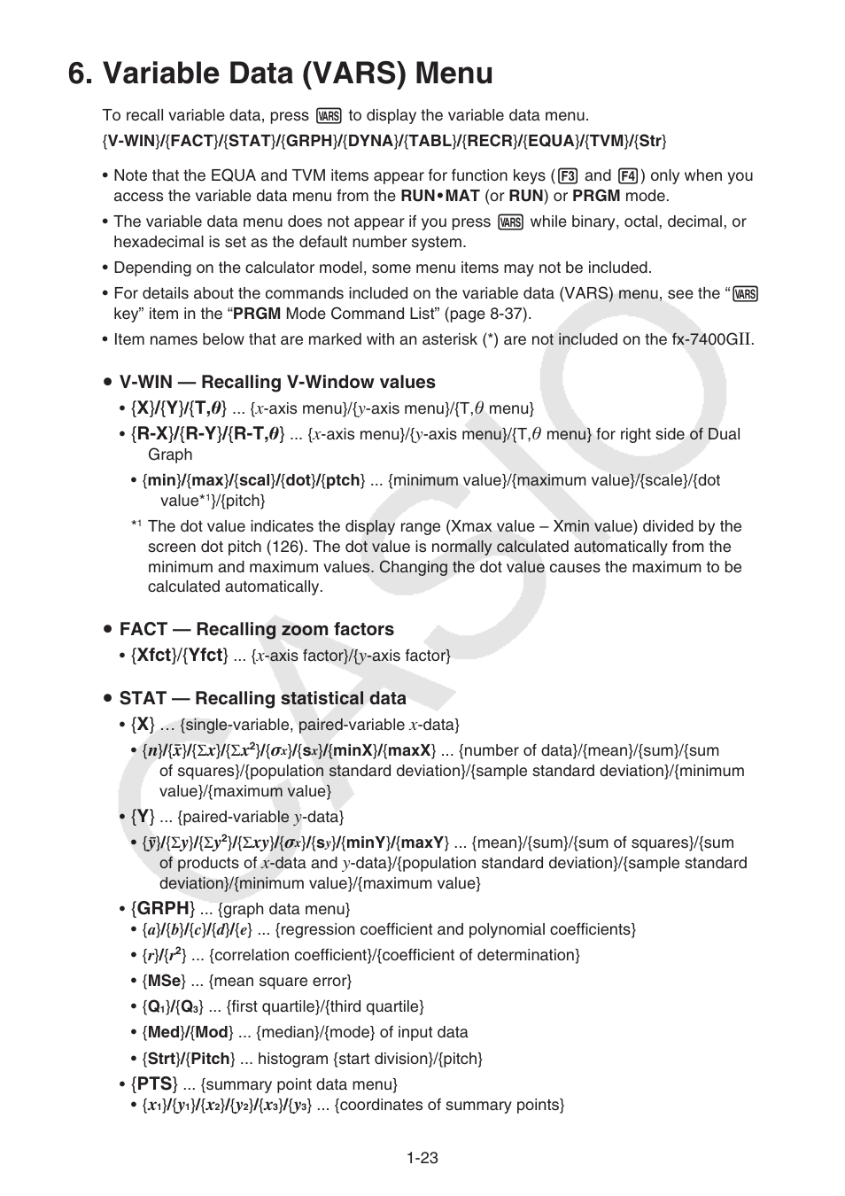 Variable data (vars) menu, Variable data (vars) menu -23 | Casio FX-9750GII User Manual | Page 30 / 402