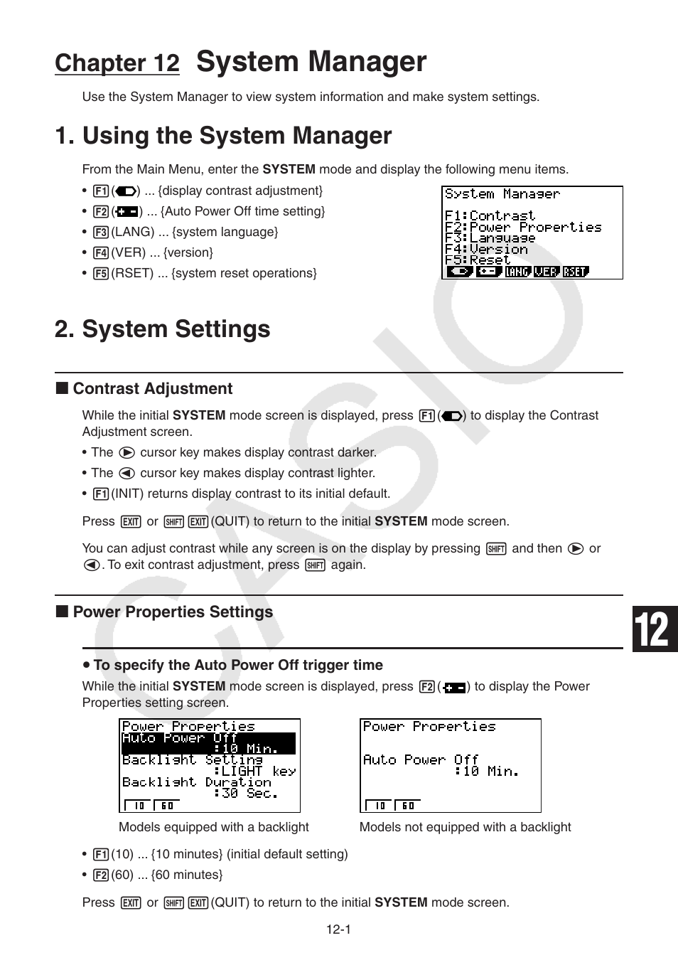 Chapter 12 system manager, Using the system manager, System settings | Using the system manager -1 2, System, Settings, System manager, Chapter 12 | Casio FX-9750GII User Manual | Page 300 / 402