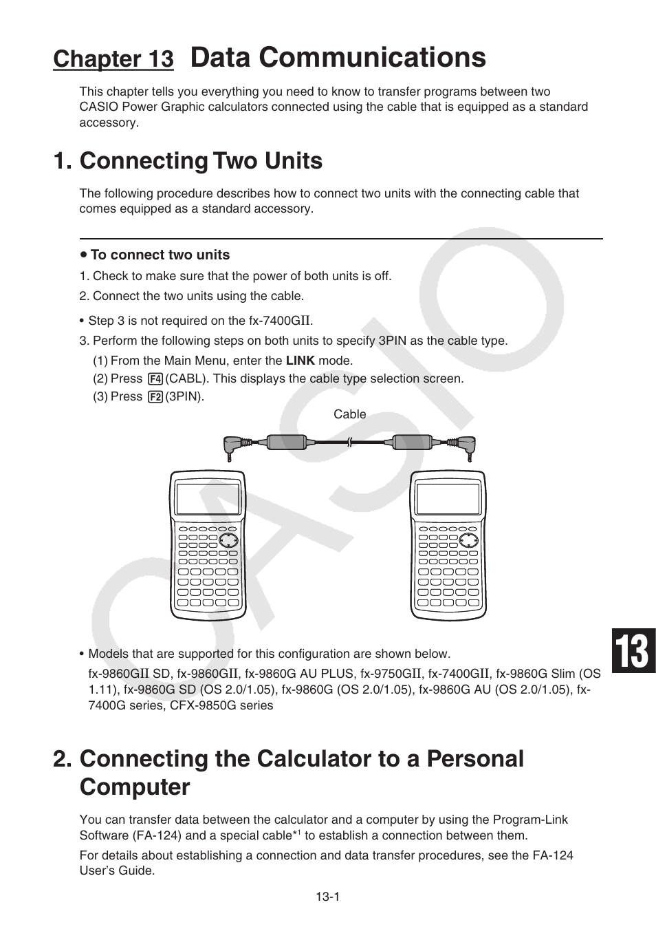 Chapter 13 data communications, Connecting two units, Connecting the calculator to a personal computer | Connecting two units -1, Data communications, Chapter 13 | Casio FX-9750GII User Manual | Page 304 / 402