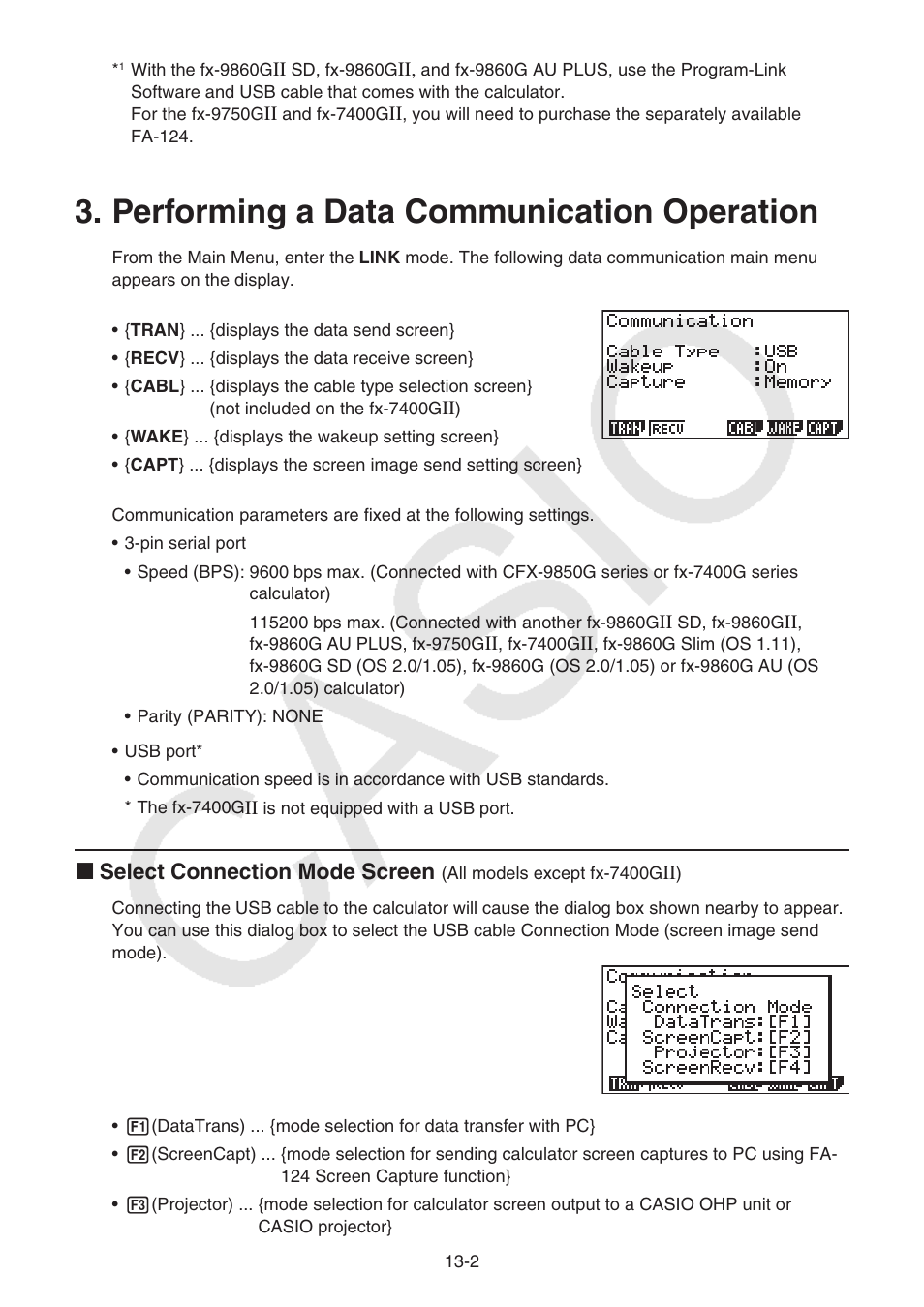 Performing a data communication operation, Performing a data communication operation -2, K select connection mode screen | Casio FX-9750GII User Manual | Page 305 / 402