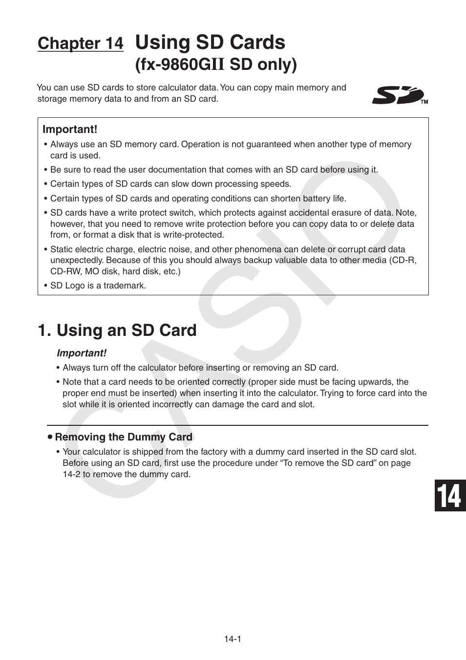 Chapter 14 using sd cards (fx-9860g sd only), Using an sd card, Chapter 14 using sd cards (fx-9860g | Sd only), Using an sd card -1, Using sd cards, Chapter 14, Fx-9860g | Casio FX-9750GII User Manual | Page 318 / 402