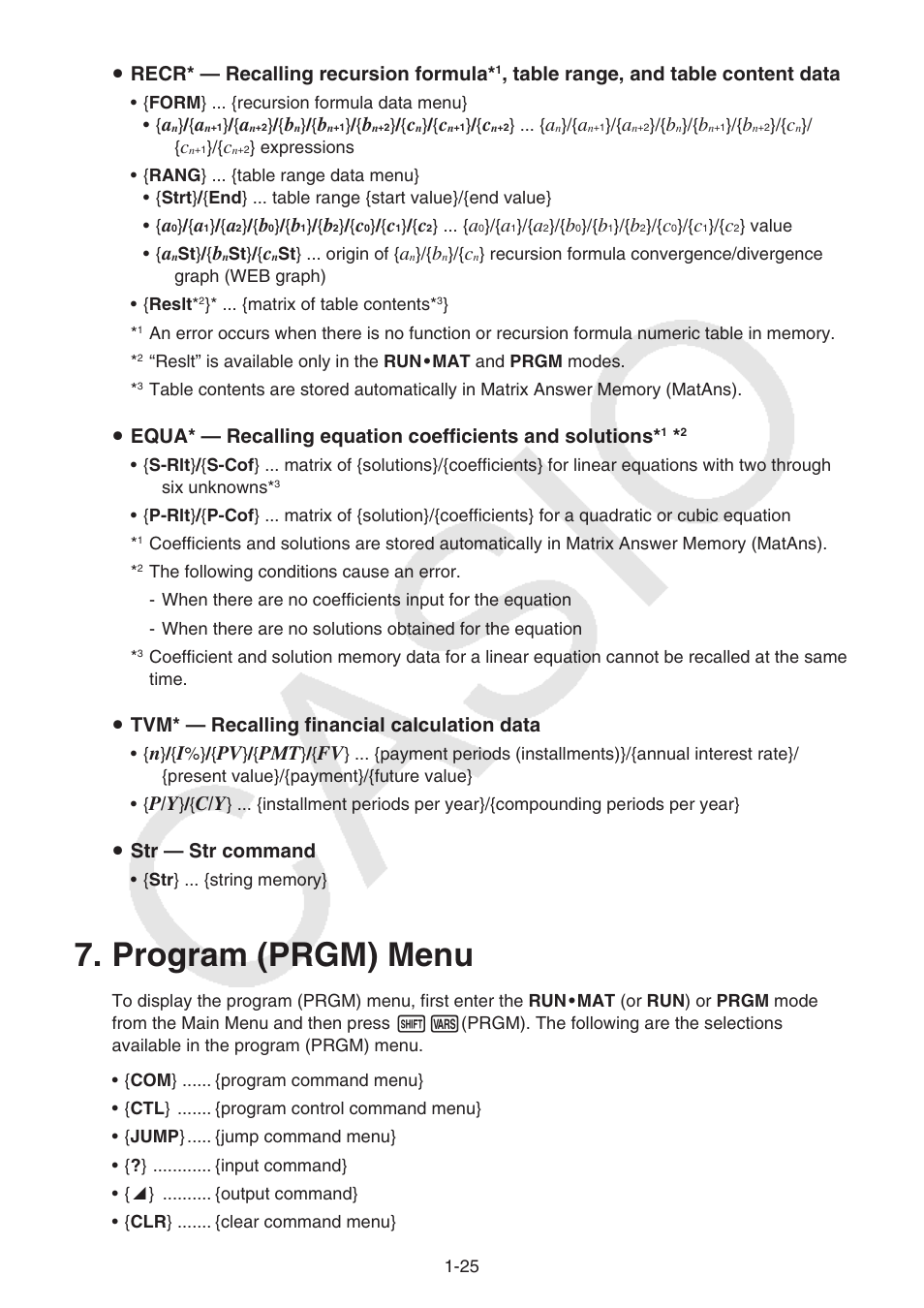 Program (prgm) menu, Program (prgm) menu -25, S recr* — recalling recursion formula | Table range, and table content data, S tvm* — recalling financial calculation data, S str — str command | Casio FX-9750GII User Manual | Page 32 / 402