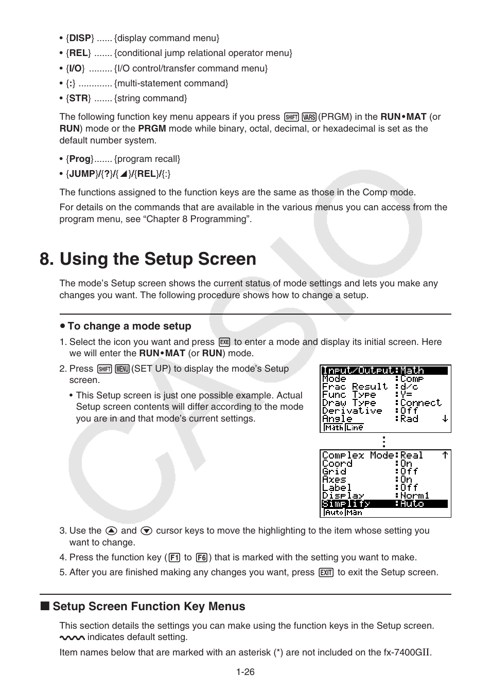 Using the setup screen, Using the setup screen -26 | Casio FX-9750GII User Manual | Page 33 / 402