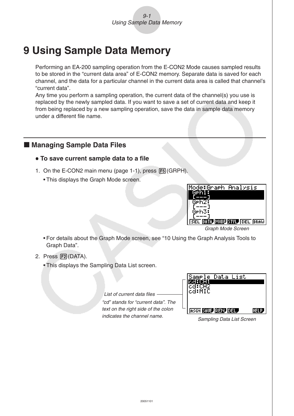 9 using sample data memory, K managing sample data files | Casio FX-9750GII User Manual | Page 373 / 402