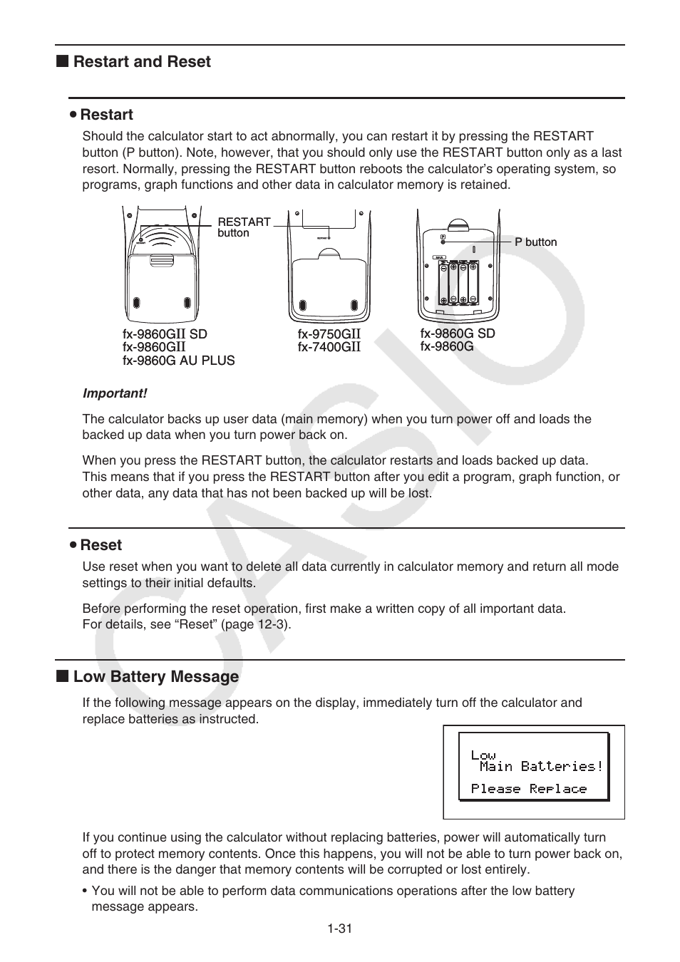 K restart and reset, K low battery message | Casio FX-9750GII User Manual | Page 38 / 402