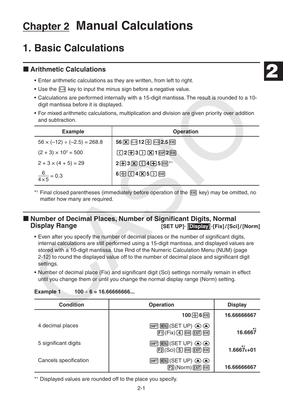 Chapter 2 manual calculations, Basic calculations, Basic calculations -1 | Manual calculations, Chapter 2, I arithmetic calculations | Casio FX-9750GII User Manual | Page 39 / 402