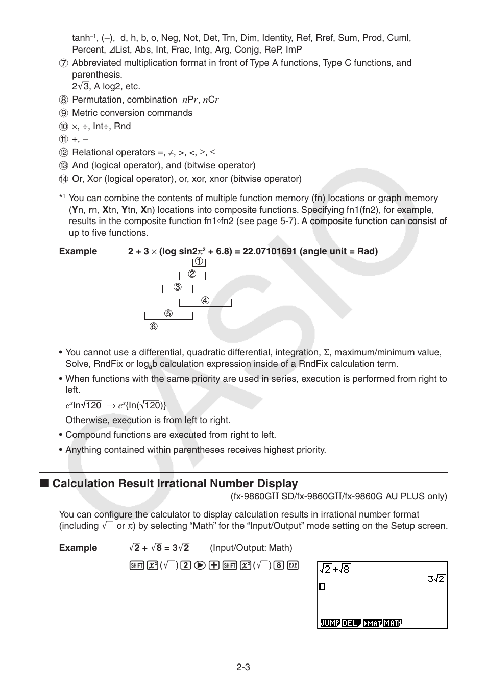 I calculation result irrational number display | Casio FX-9750GII User Manual | Page 41 / 402