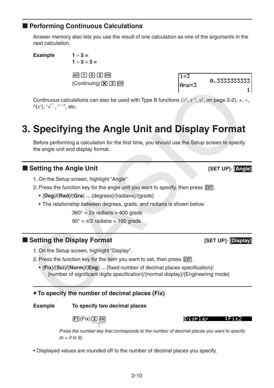 Specifying the angle unit and display format, Specifying the angle unit and display format -10, I performing continuous calculations | I setting the angle unit, I setting the display format | Casio FX-9750GII User Manual | Page 48 / 402