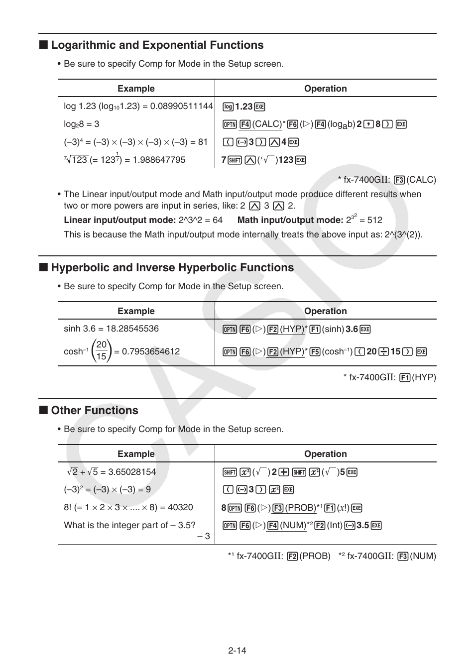 I logarithmic and exponential functions, I hyperbolic and inverse hyperbolic functions, I other functions | Casio FX-9750GII User Manual | Page 52 / 402