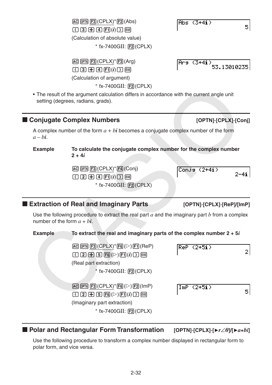 I conjugate complex numbers, I extraction of real and imaginary parts, I polar and rectangular form transformation | Casio FX-9750GII User Manual | Page 70 / 402