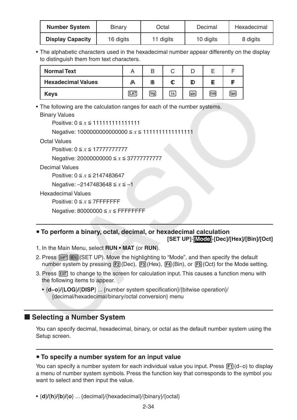 I selecting a number system | Casio FX-9750GII User Manual | Page 72 / 402