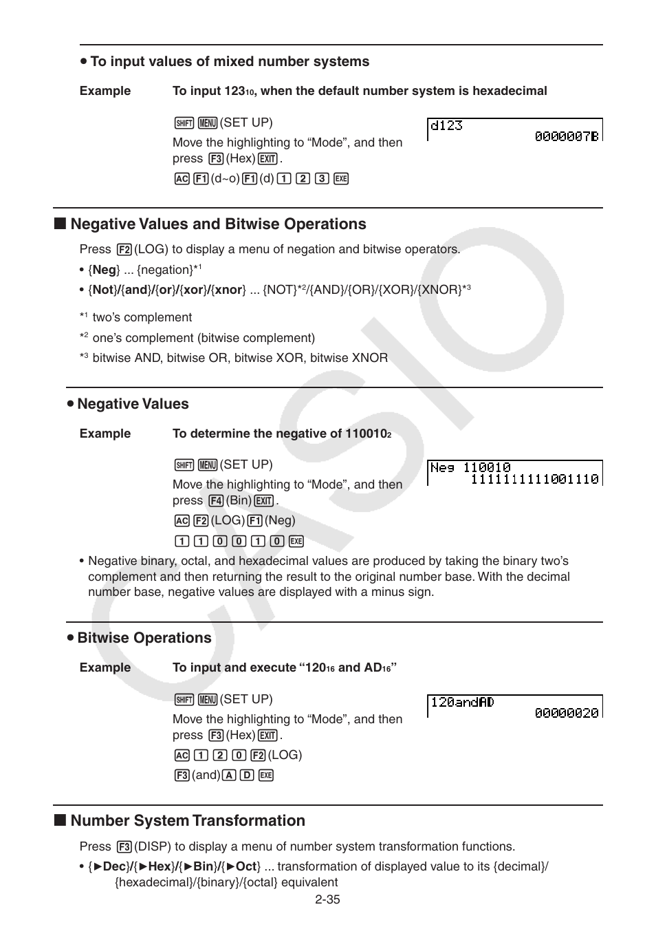 I negative values and bitwise operations, I number system transformation, S negative values | S bitwise operations | Casio FX-9750GII User Manual | Page 73 / 402