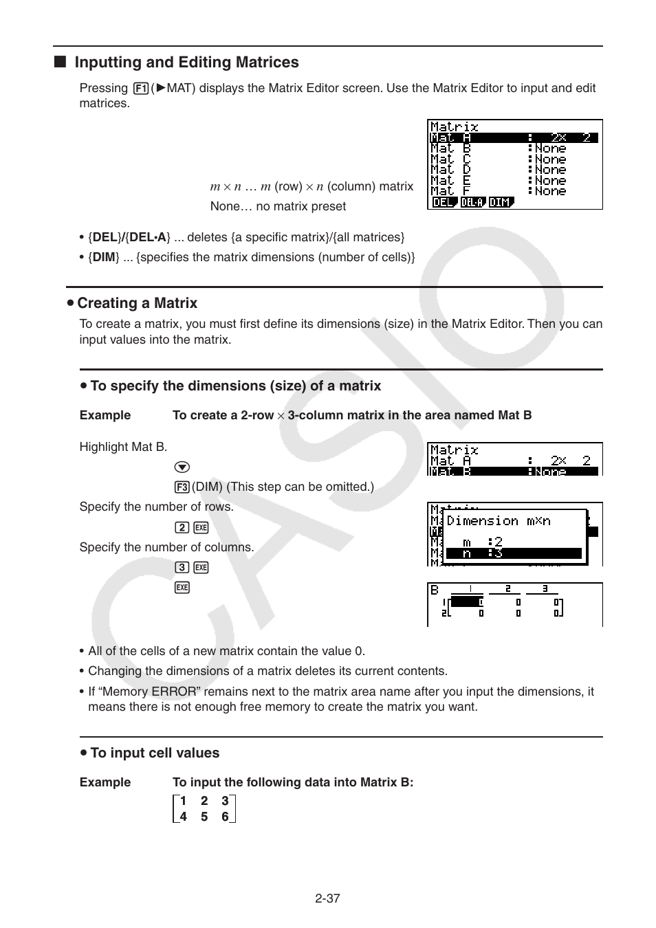 I inputting and editing matrices | Casio FX-9750GII User Manual | Page 75 / 402