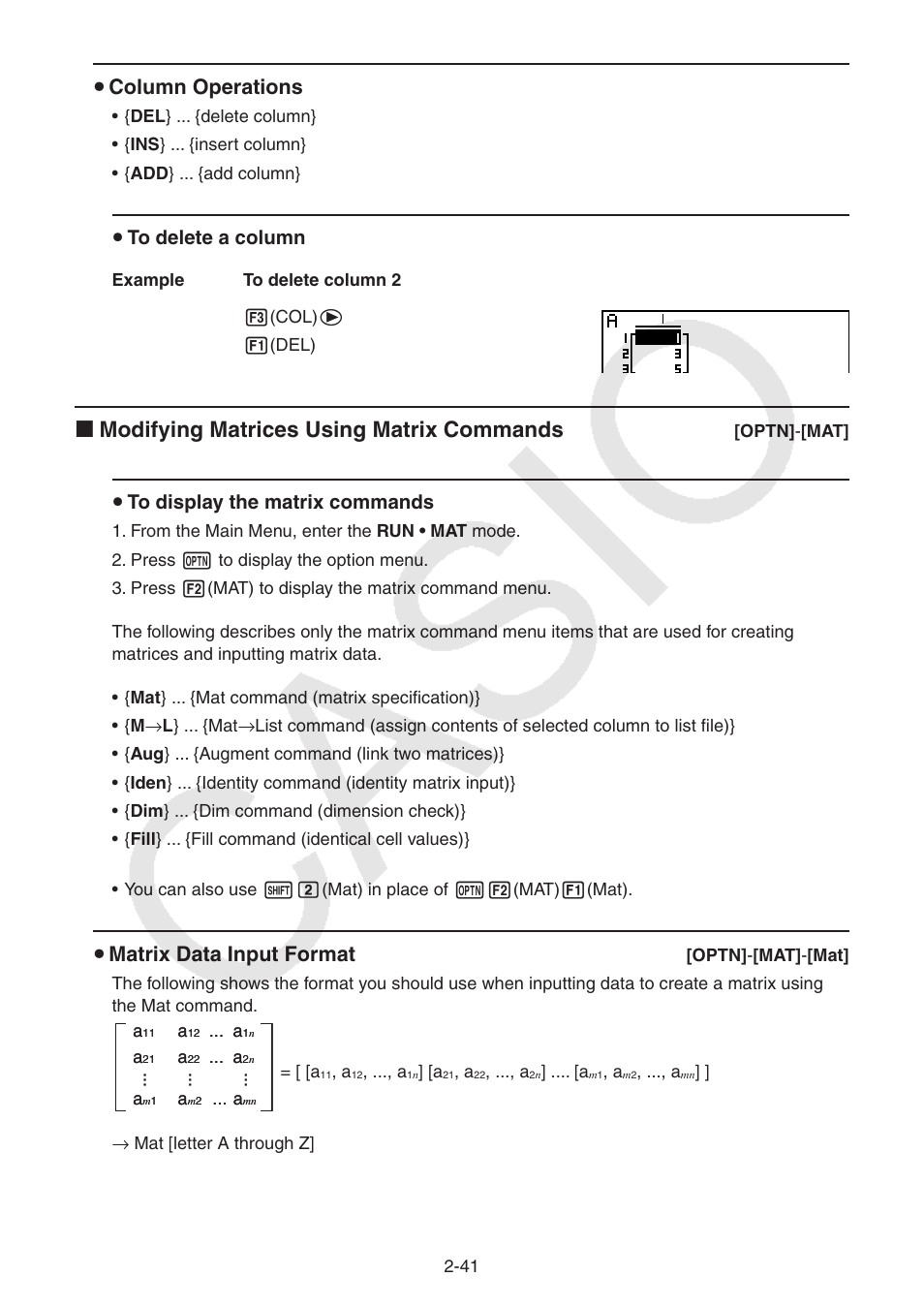 I modifying matrices using matrix commands, S column operations, S matrix data input format | S to delete a column, S to display the matrix commands | Casio FX-9750GII User Manual | Page 79 / 402