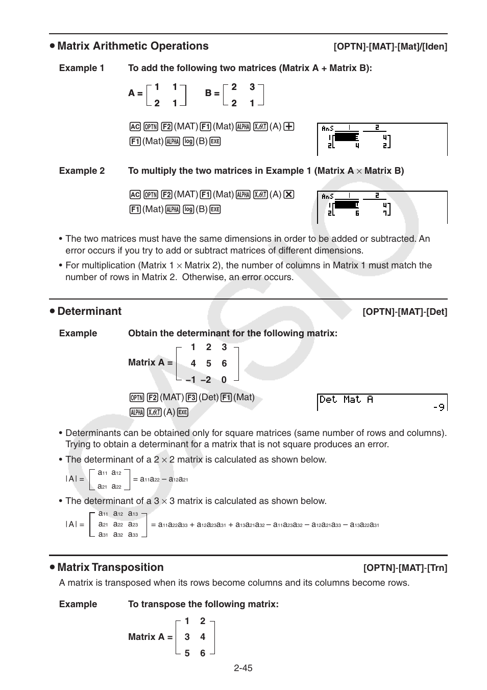 S matrix arithmetic operations, S determinant, S matrix transposition | Casio FX-9750GII User Manual | Page 83 / 402