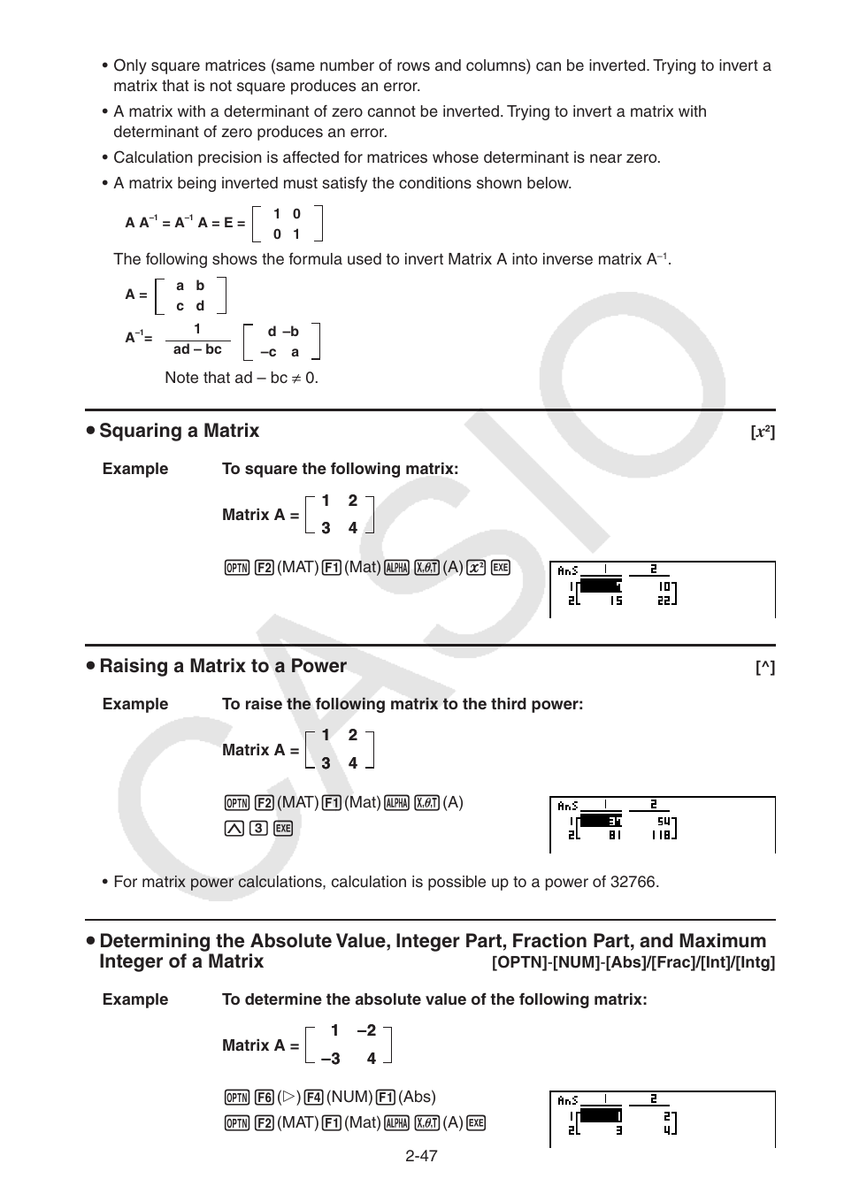 S squaring a matrix, S raising a matrix to a power | Casio FX-9750GII User Manual | Page 85 / 402