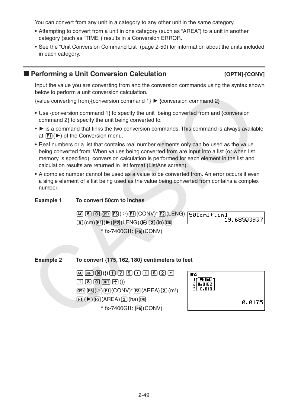 I performing a unit conversion calculation | Casio FX-9750GII User Manual | Page 87 / 402