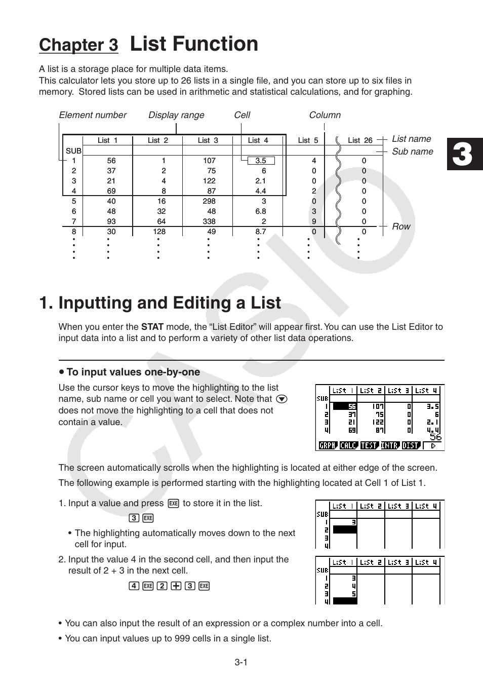 Chapter 3 list function, Inputting and editing a list, Inputting and editing a list -1 | List function, Chapter 3, S to input values one-by-one | Casio FX-9750GII User Manual | Page 90 / 402