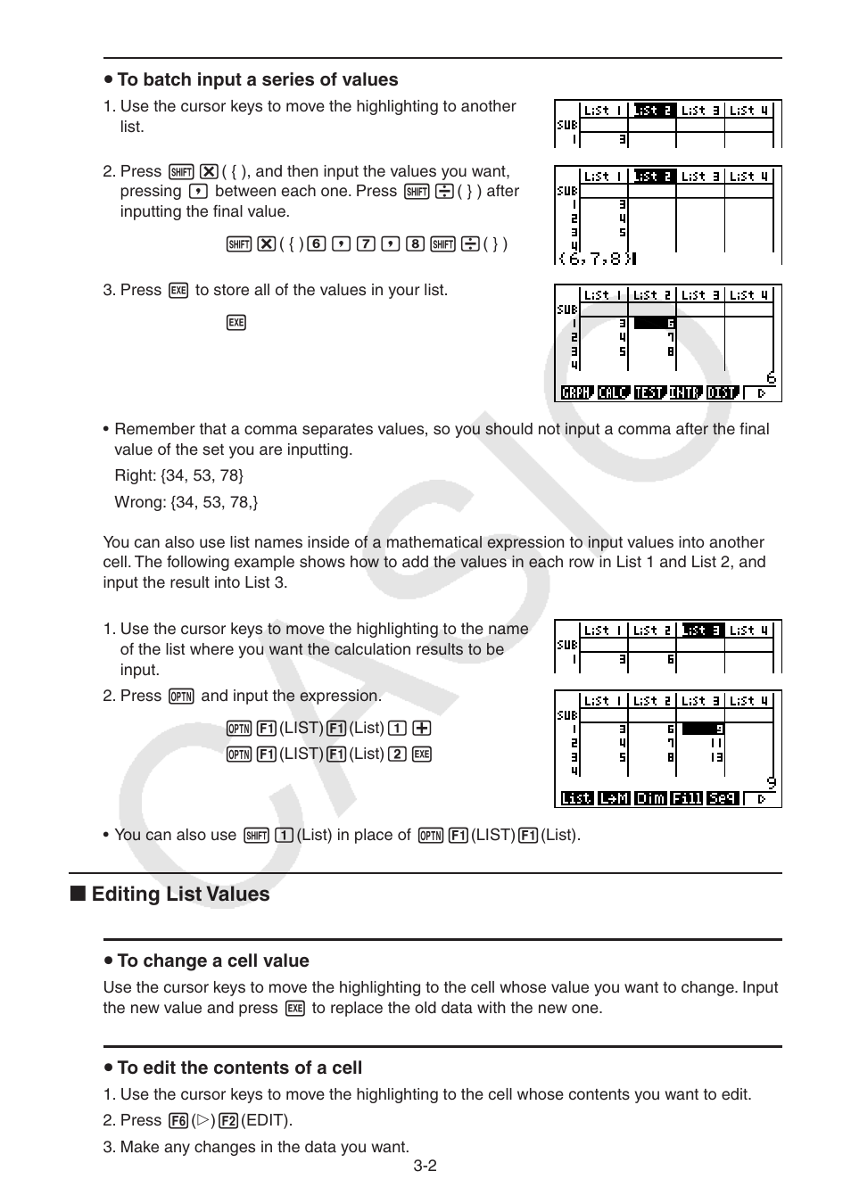 I editing list values | Casio FX-9750GII User Manual | Page 91 / 402