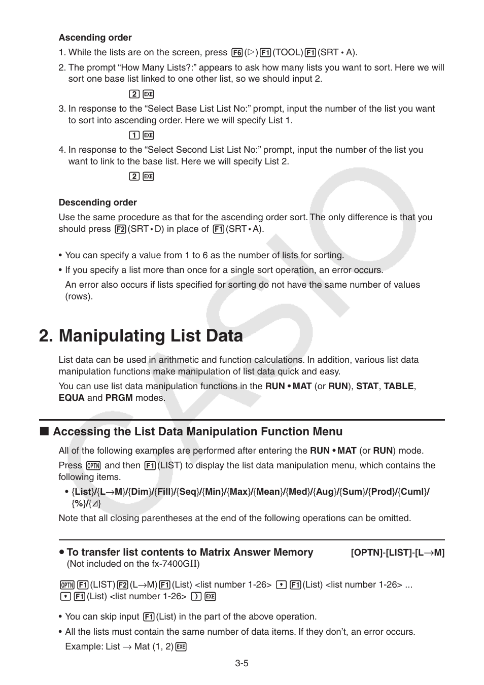 Manipulating list data, Manipulating list data -5 | Casio FX-9750GII User Manual | Page 94 / 402