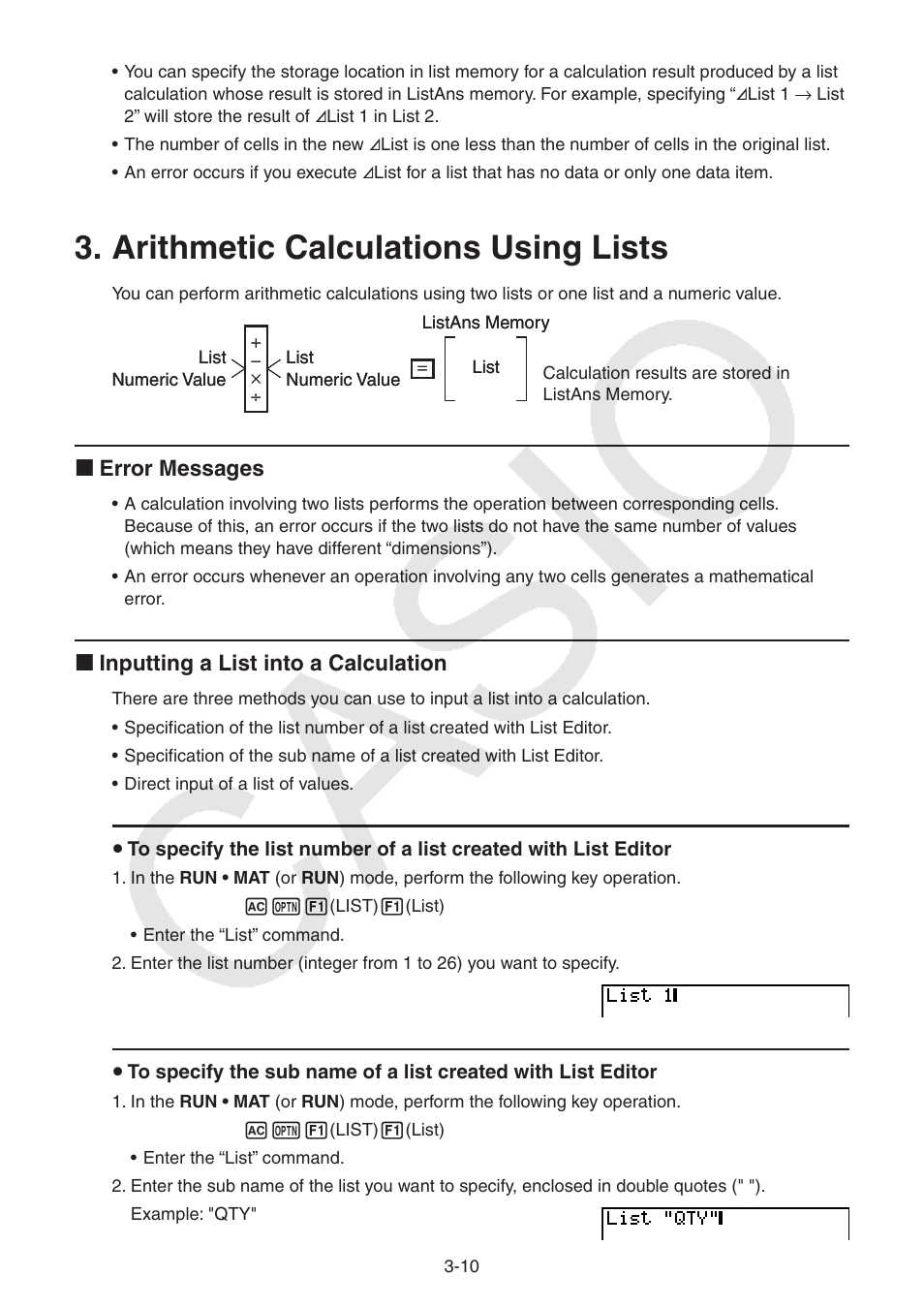 Arithmetic calculations using lists, Arithmetic calculations using lists -10, I error messages | I inputting a list into a calculation | Casio FX-9750GII User Manual | Page 99 / 402