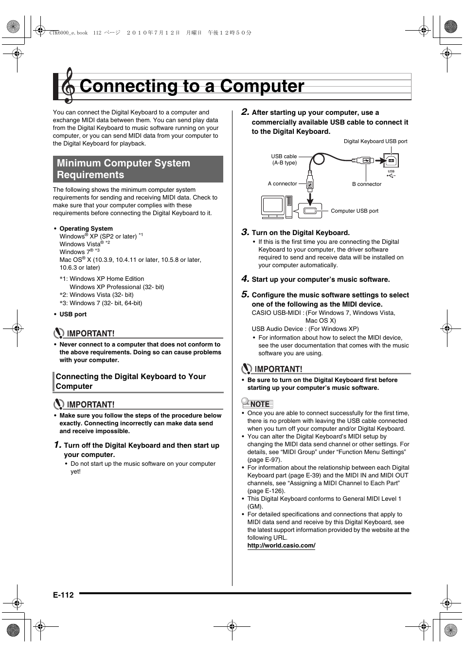 Connecting to a computer, Minimum computer system requirements | Casio WK6500E1A User Manual | Page 114 / 132