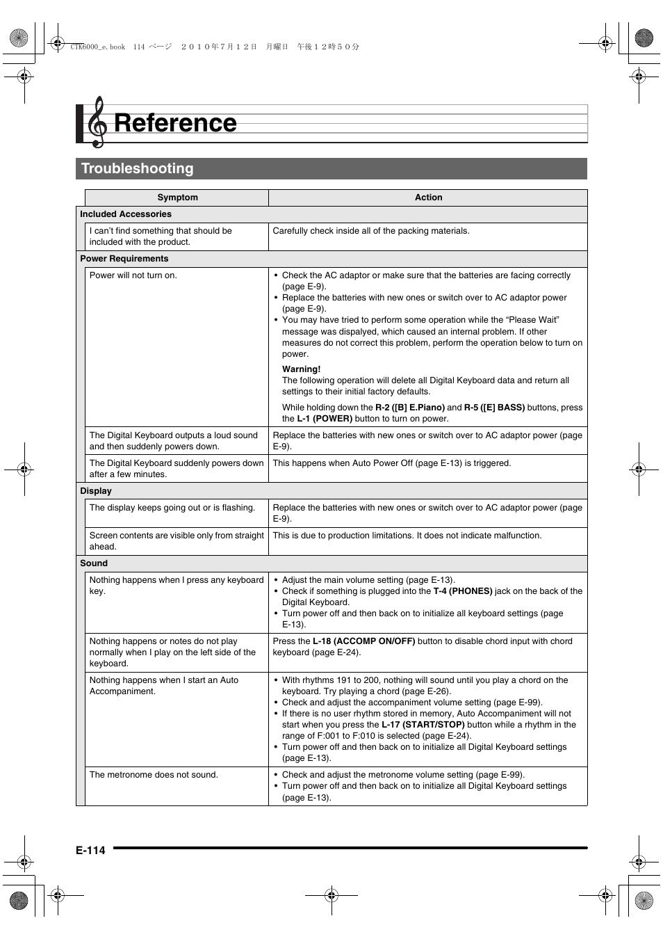 Reference, Troubleshooting | Casio WK6500E1A User Manual | Page 116 / 132
