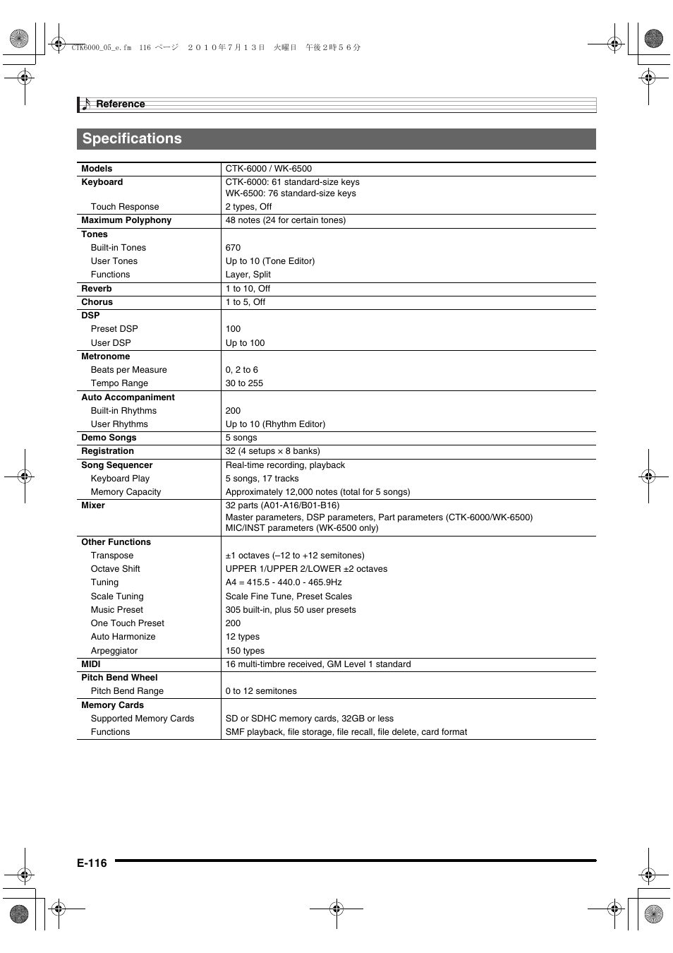 Specifications | Casio WK6500E1A User Manual | Page 118 / 132