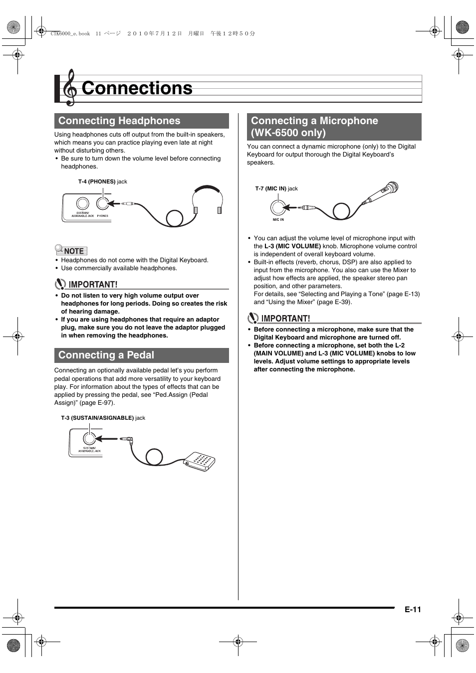 Connections, Connecting headphones connecting a pedal, Connecting a microphone (wk-6500 only) | Casio WK6500E1A User Manual | Page 13 / 132