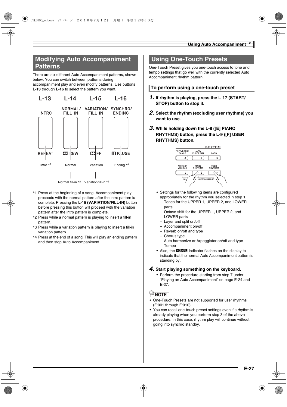 Modifying auto accompaniment patterns, Using one-touch presets, L-13 | Casio WK6500E1A User Manual | Page 29 / 132