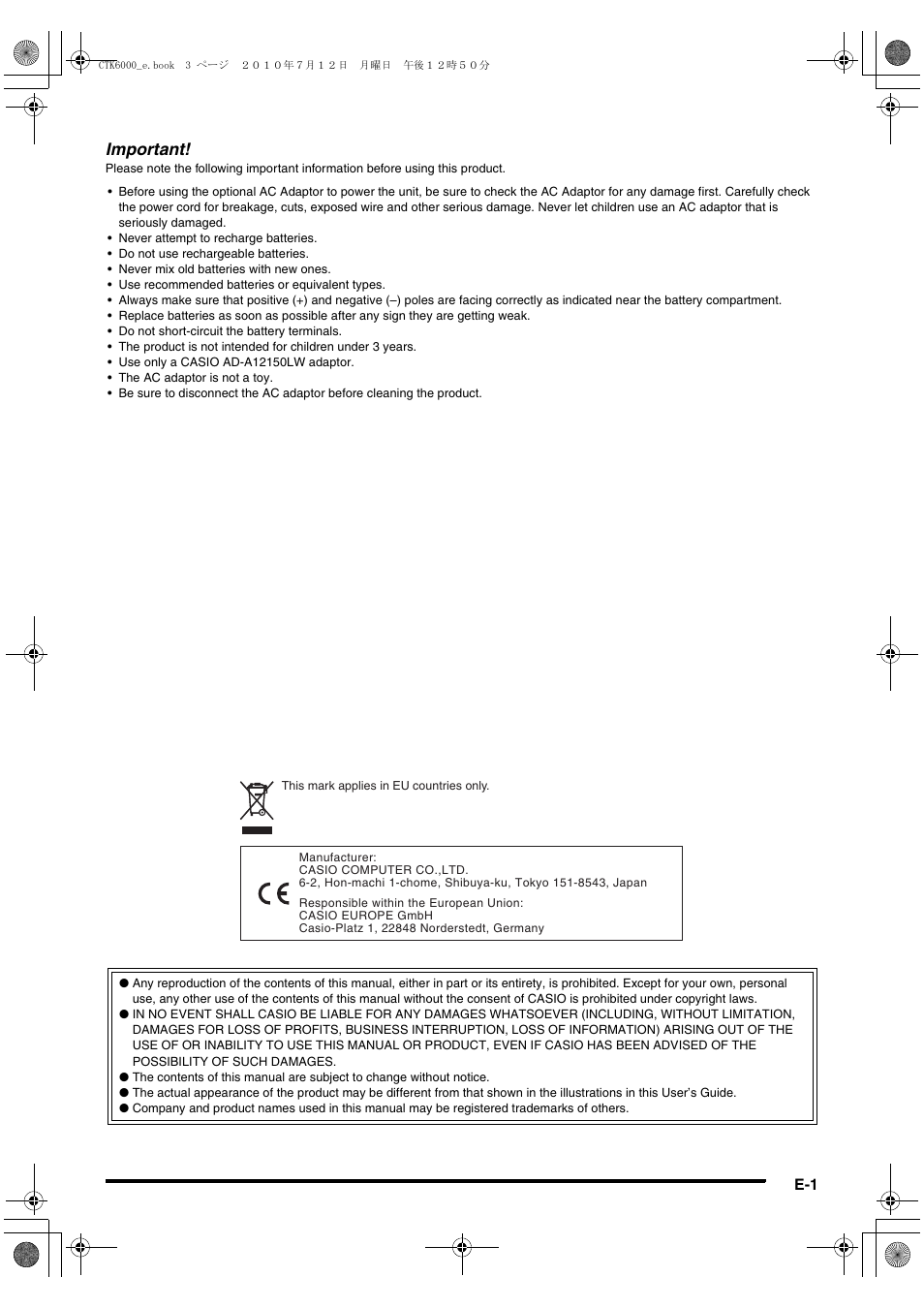 Important | Casio WK6500E1A User Manual | Page 3 / 132