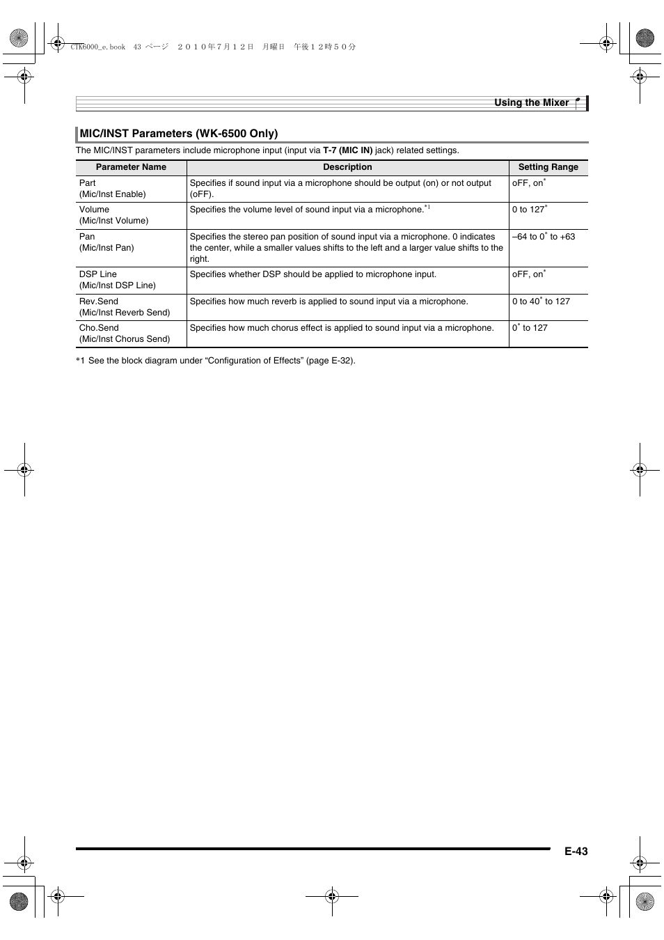 E-43, Mic/inst parameters (wk-6500 only) | Casio WK6500E1A User Manual | Page 45 / 132